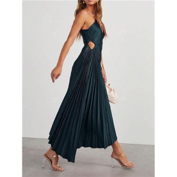 NEW - Elegant Dark Green Ruched Flare Asymmetric Shoulder Elegant Cocktail Dress - Picture 2 of 8